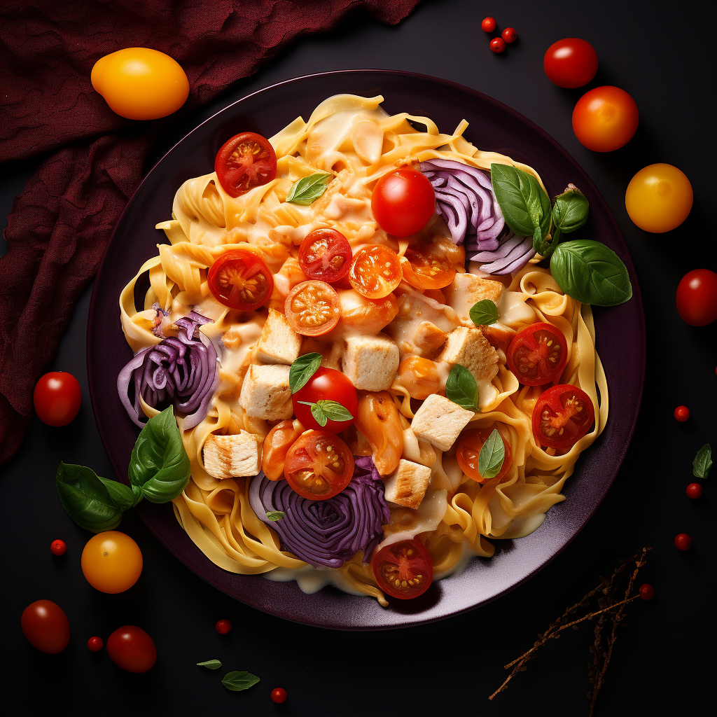 Top view of Chicken Cream Pasta with vivid colors