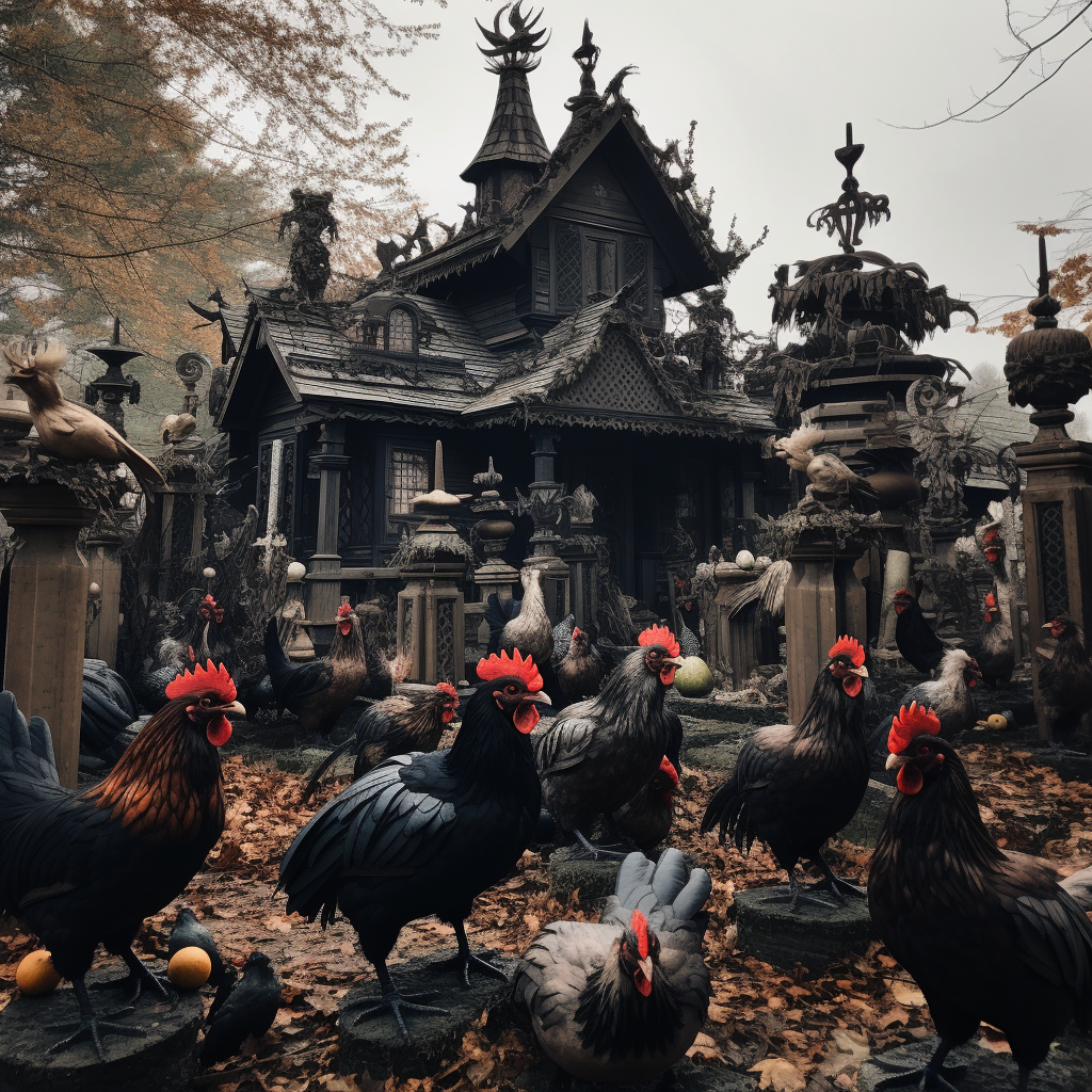 Chicken-themed haunted mansion decor