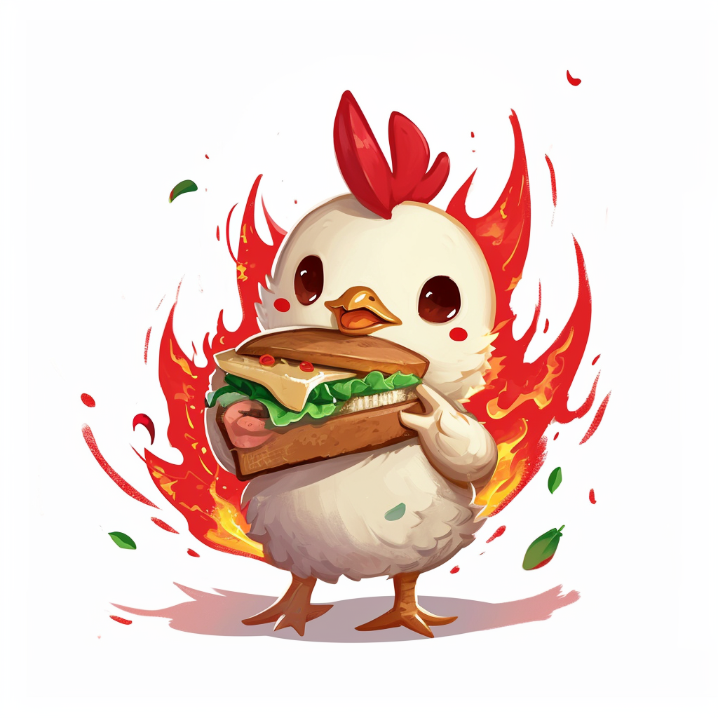 Cute chicken holding a sandwich