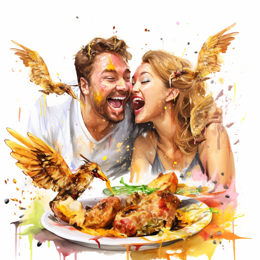 Colorful sketch of chicken wing lovers eating with joy