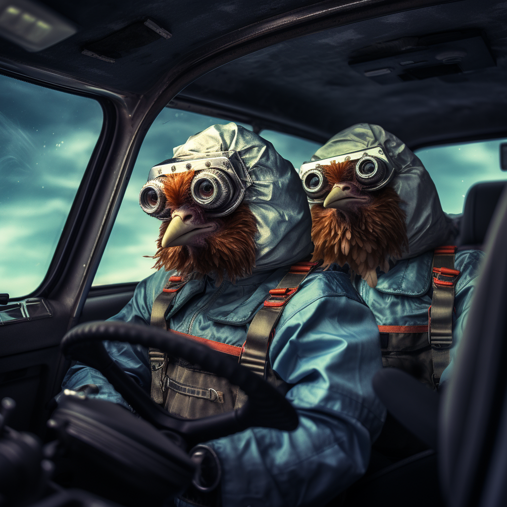 Chickens driving car underwater with space helmets