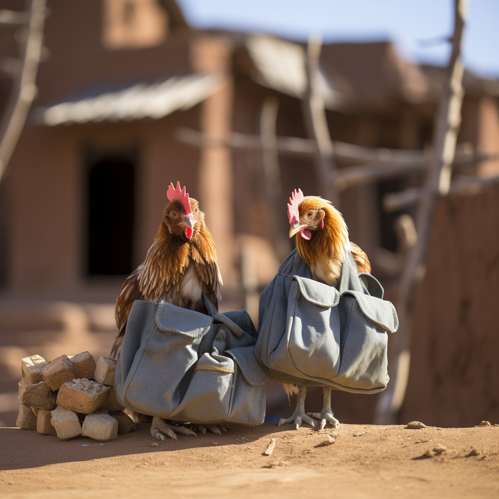 Chickens offering school supplies to children in Marakech