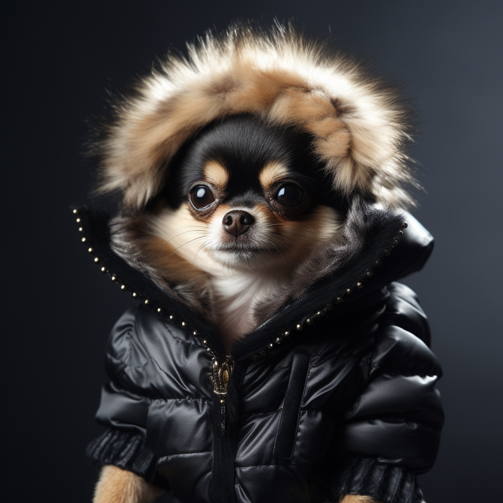 Stylish Chihuahua wearing furry coat