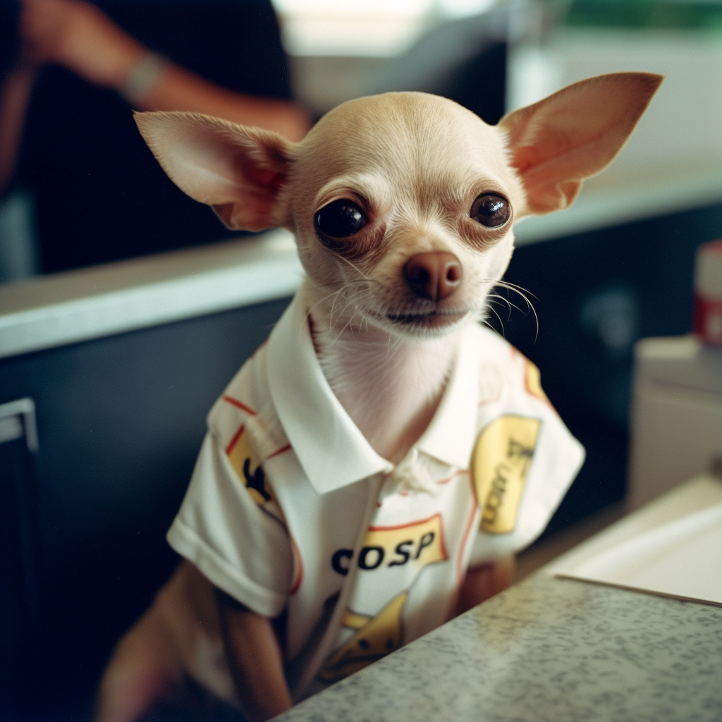 Cute chihuahua working at McDonald's