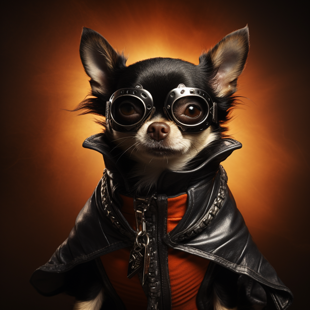 Chihuahua superhero wearing black and orange costume