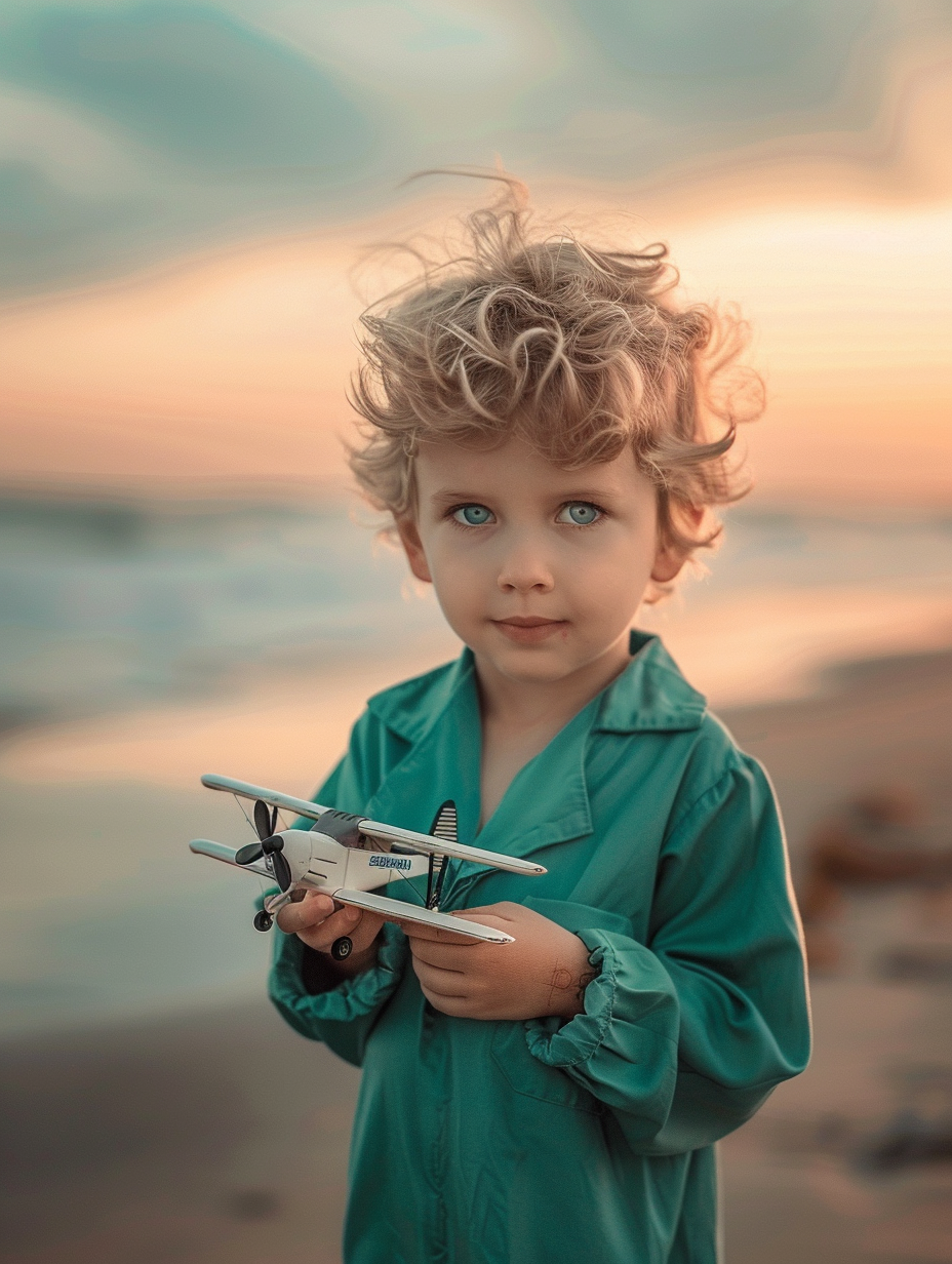 Child Boy with Model Airplane on Beach