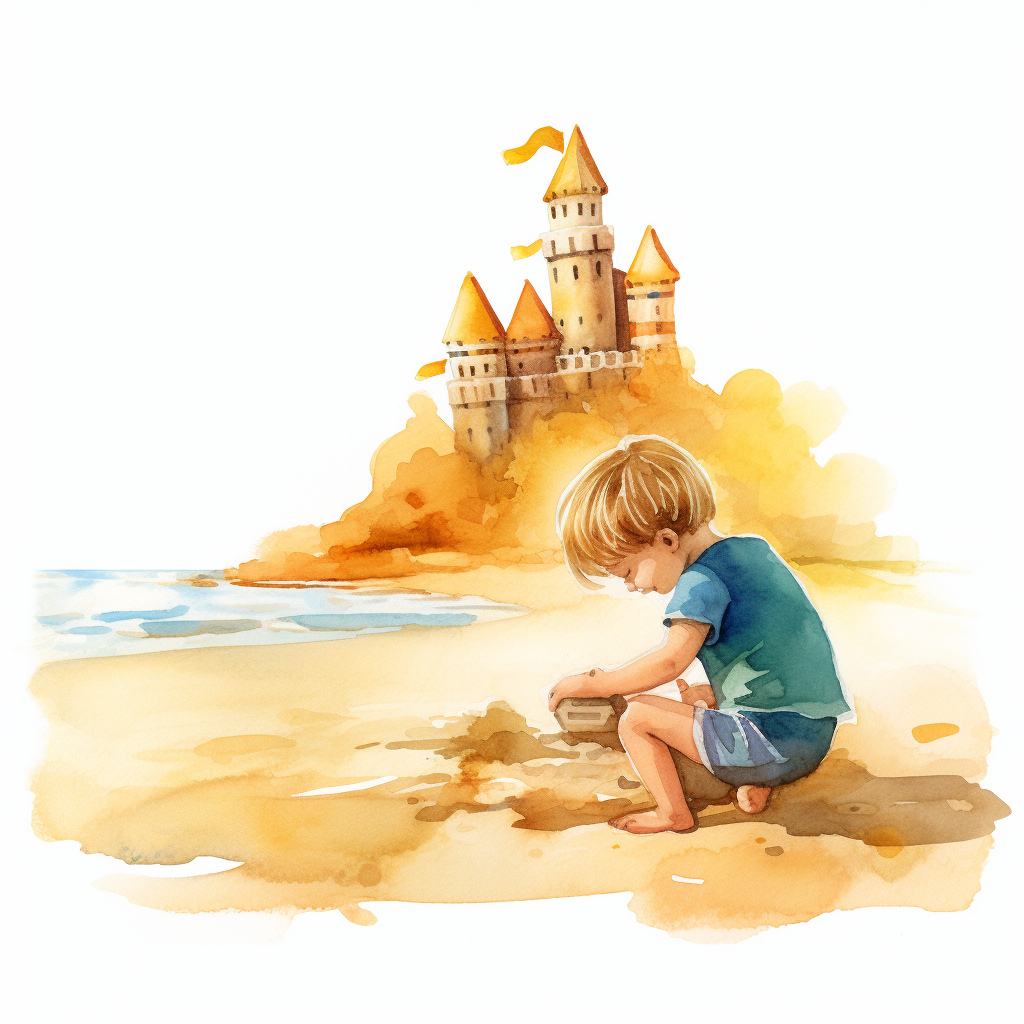 Child building sand castle watercolor logo