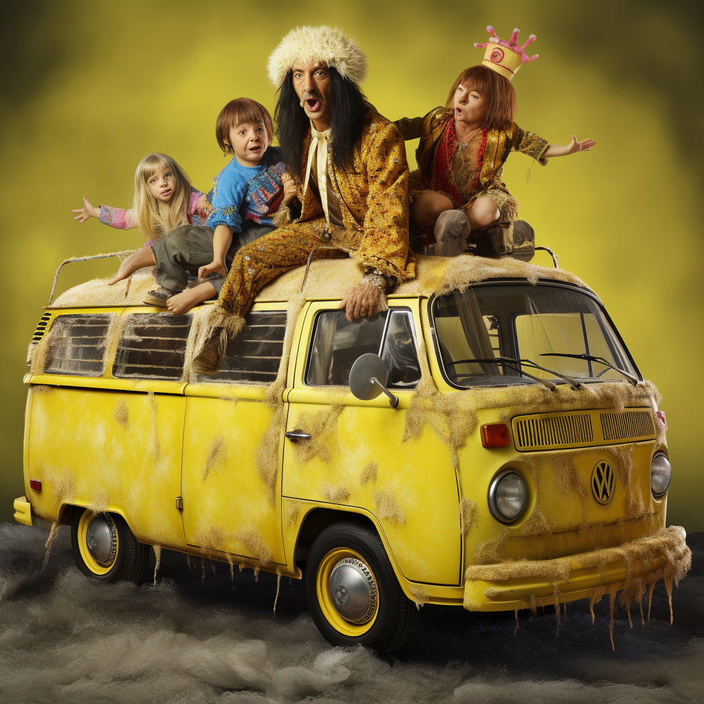 Child catcher goat driving yellow camper van