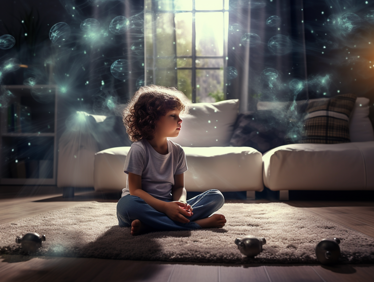 Child sitting on clean carpet in modern living room