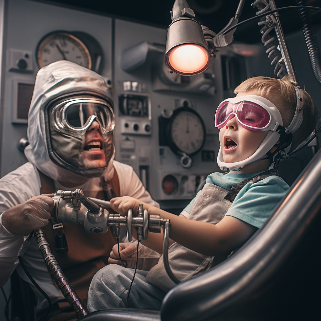 Child in dentist chair receiving dental treatment