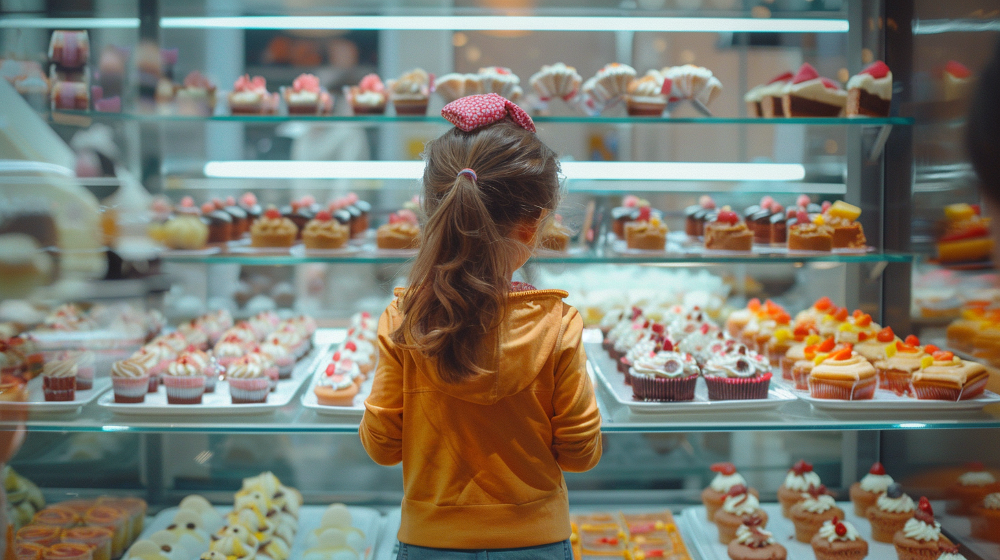 Child choosing dessert at showcase