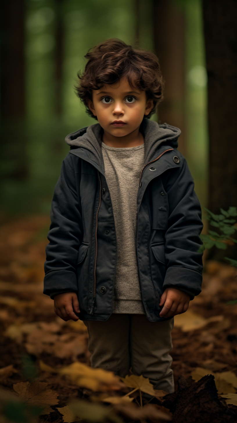 Child in Forest with Abandoned House