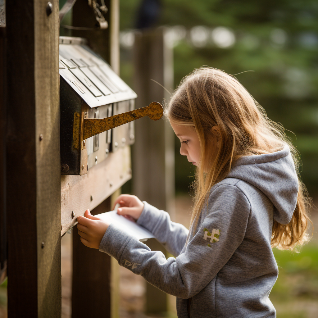 Child placing envelope in mailbox