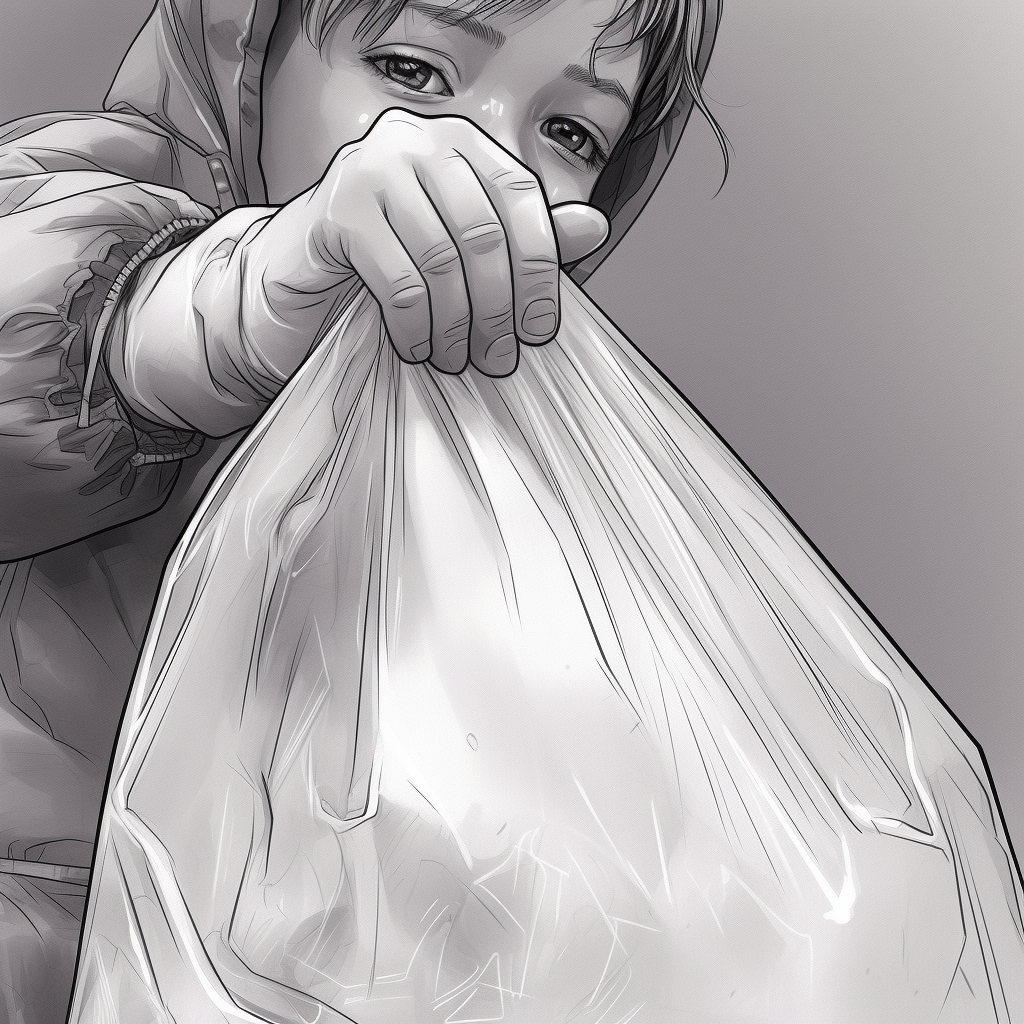 Child holding plastic black bag with line drawing