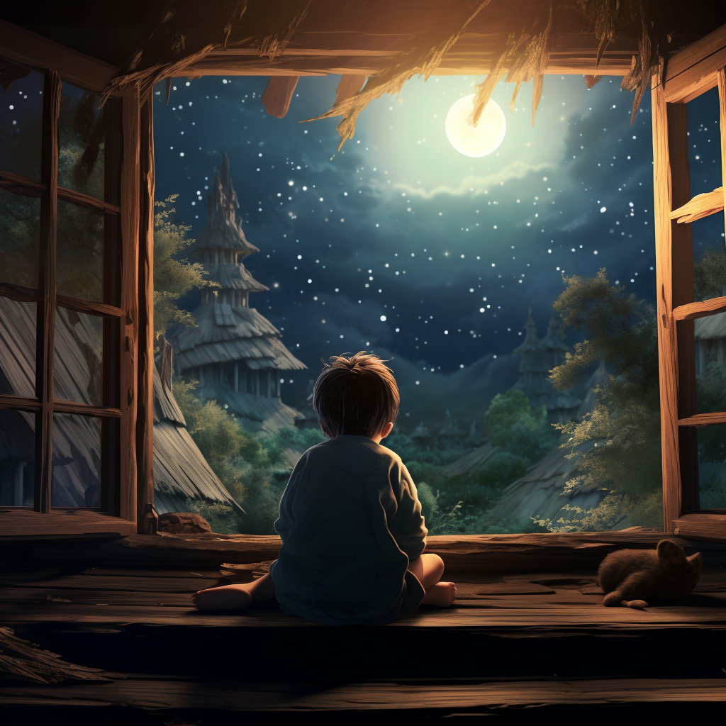 Child in hut looking at night forest with moon