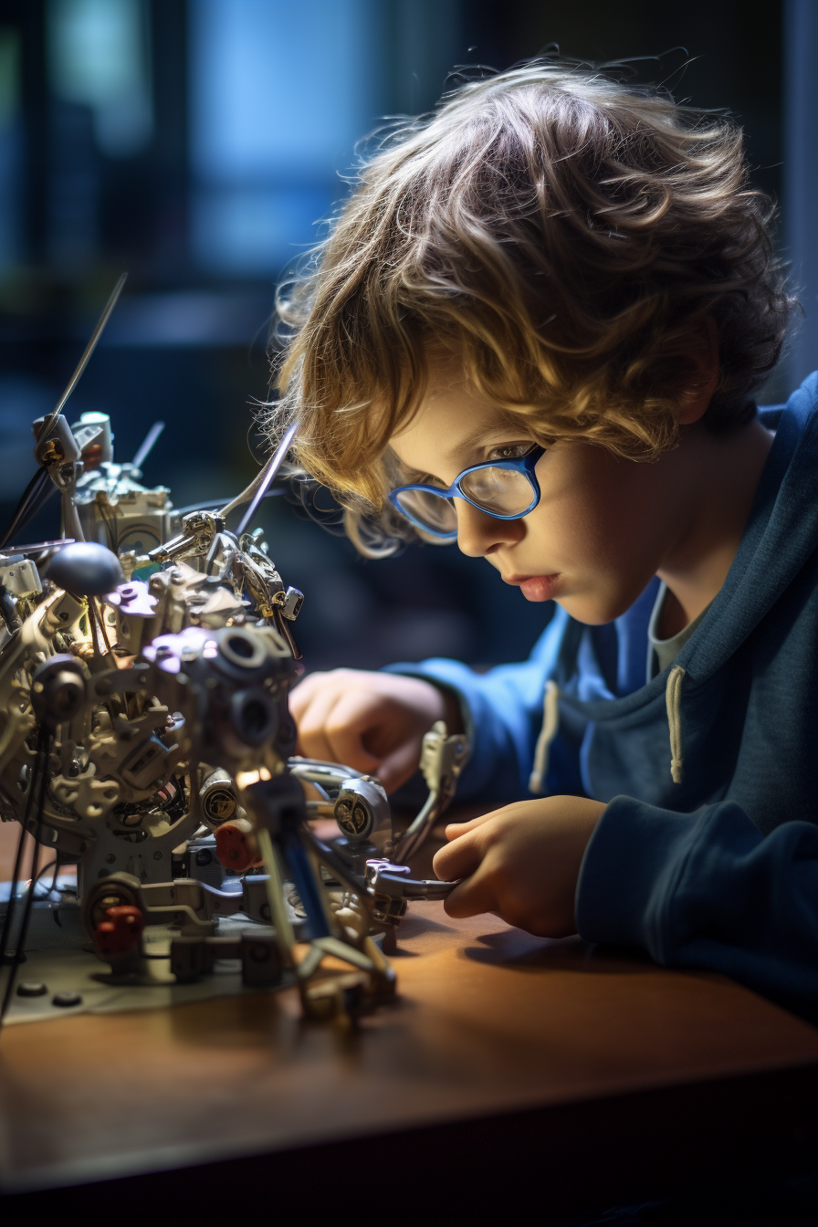 Child mechanical engineer working on futuristic mech