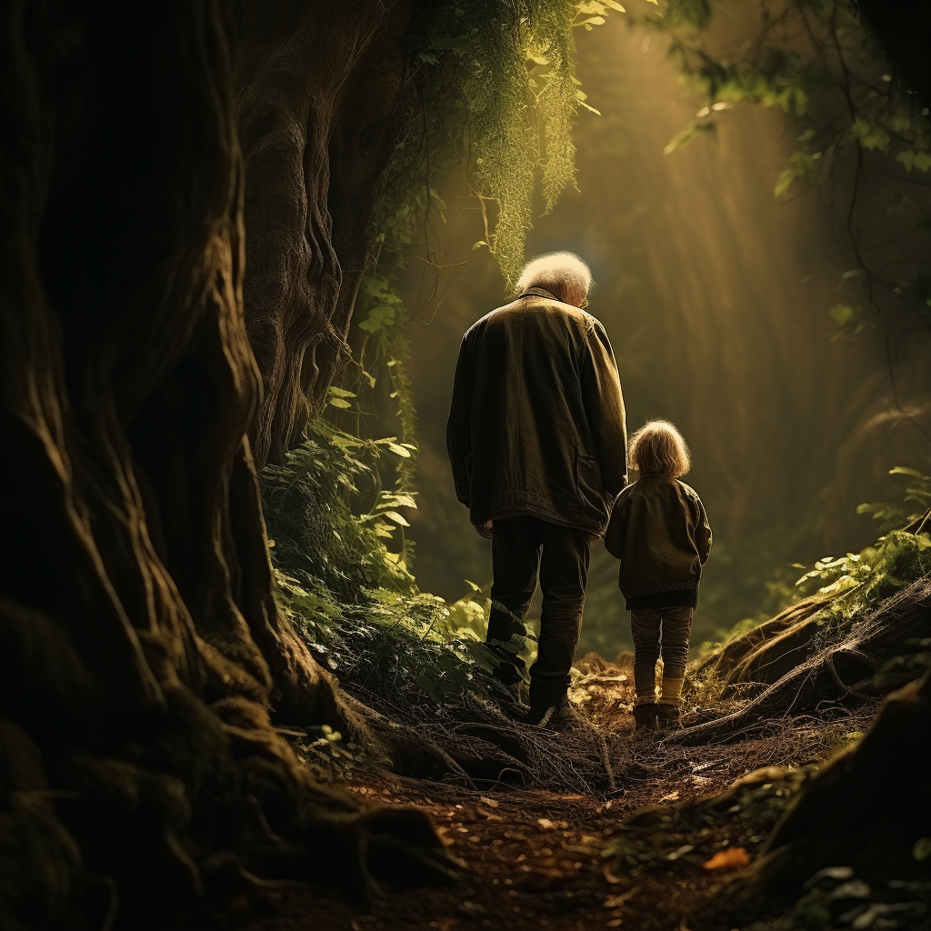 Child meeting old man in forest