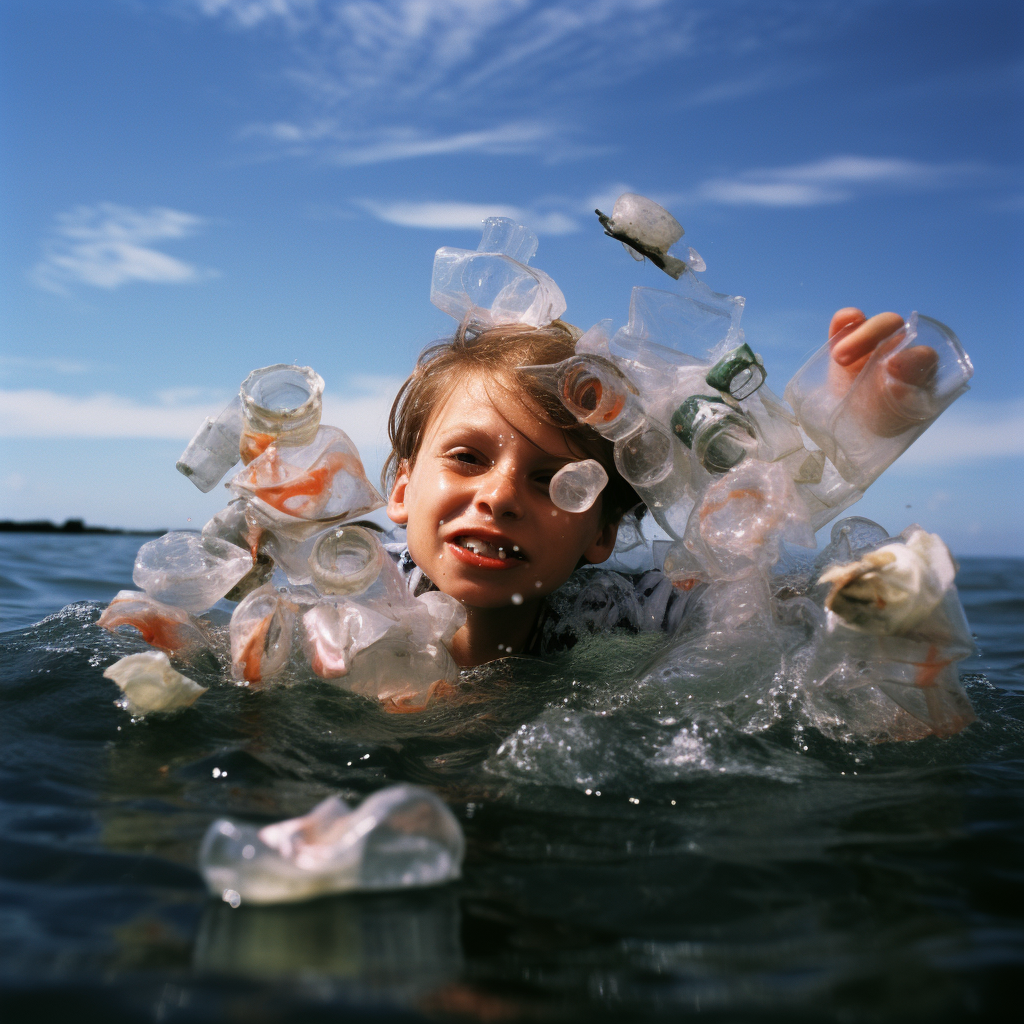 Child floating in ocean with punctured floatie ? plastic awareness