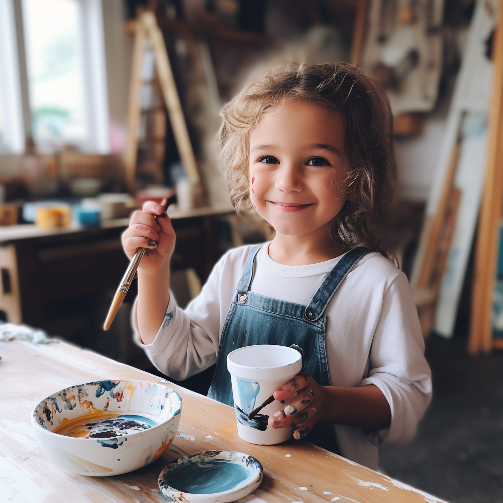 Child painting on a white mug .