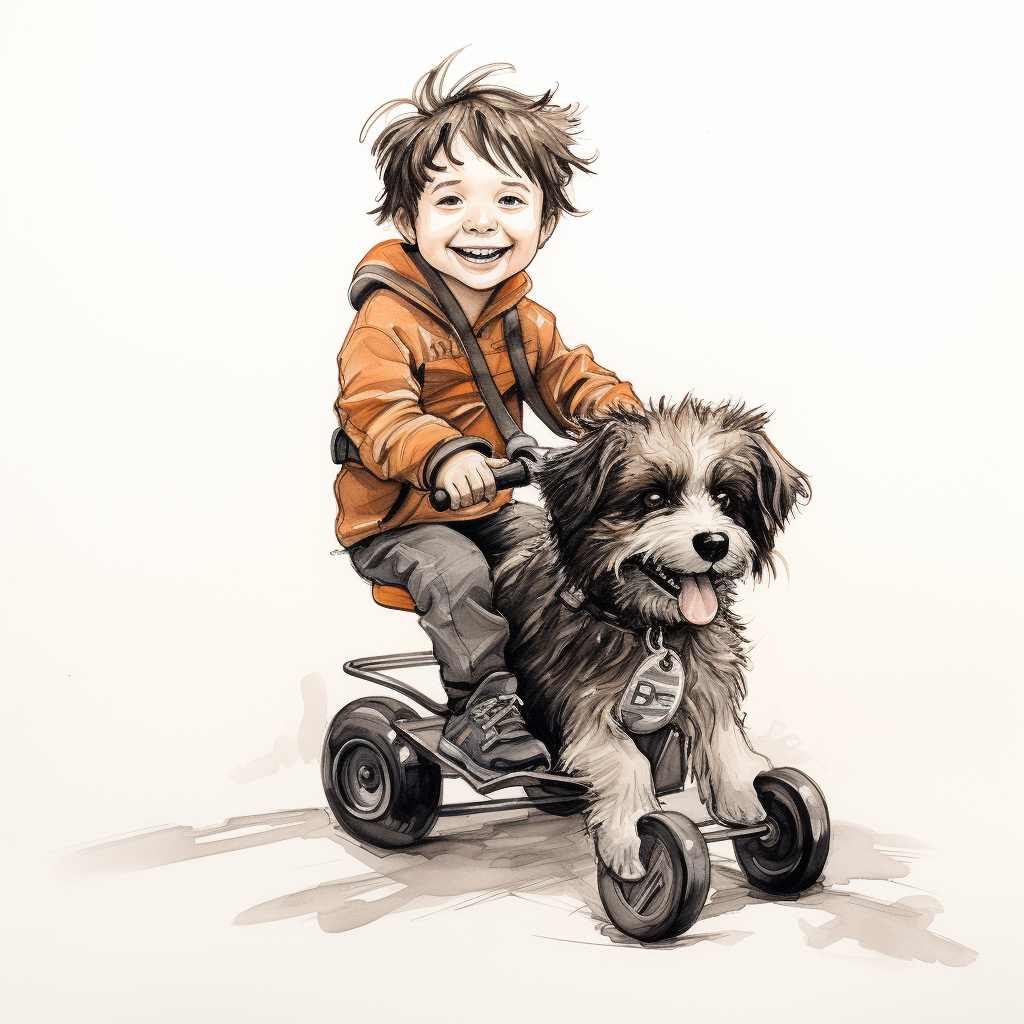 Child riding pet dog in Keith-style drawing