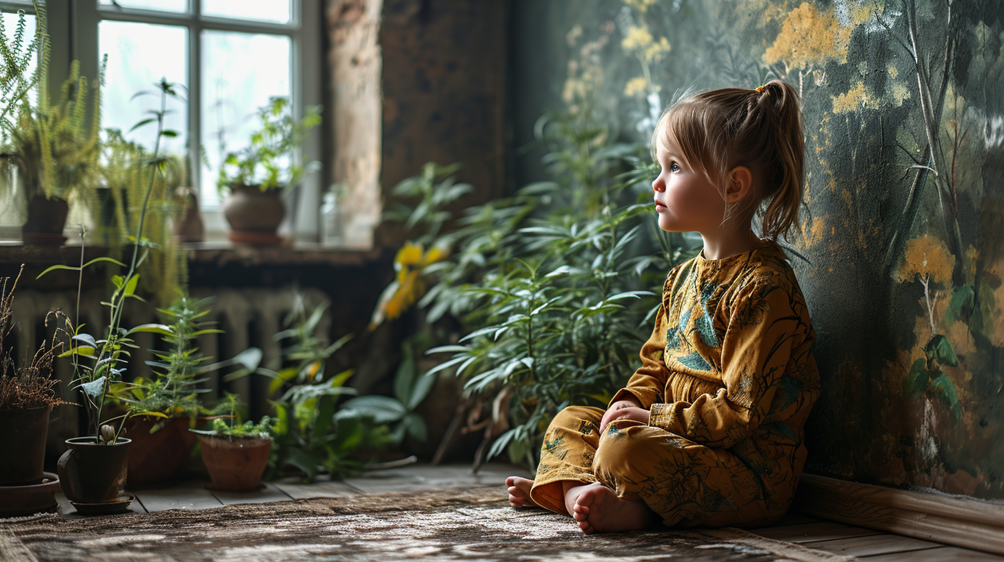 Child playing in front of cannabis wall