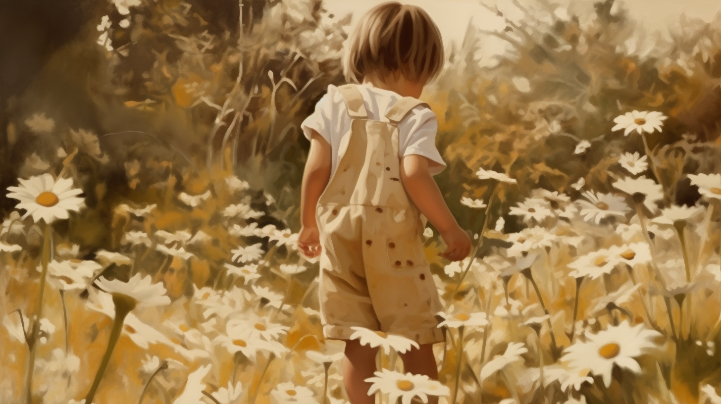 Child playing in daisy field