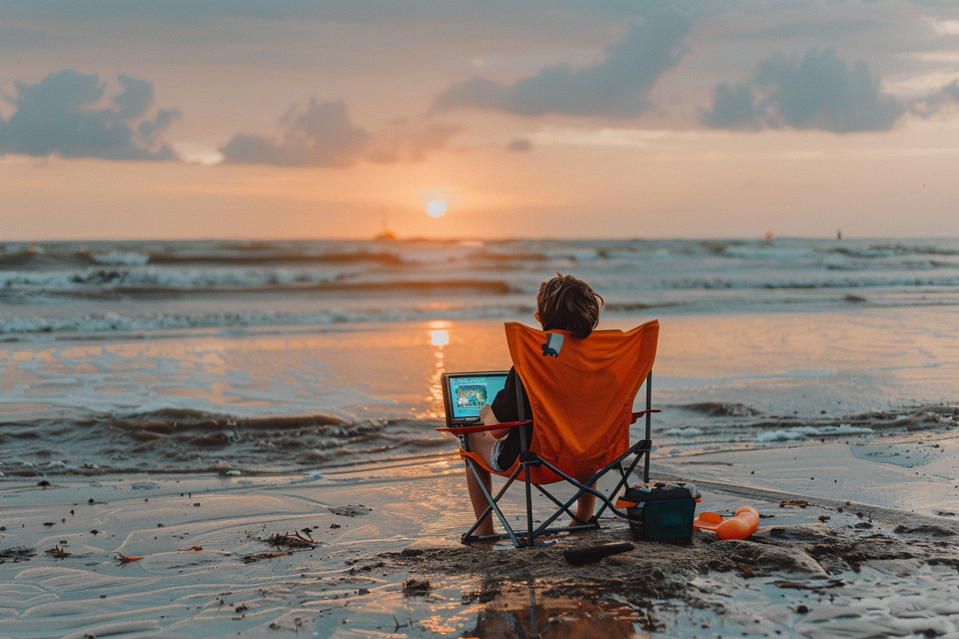 Child playing video games on beach