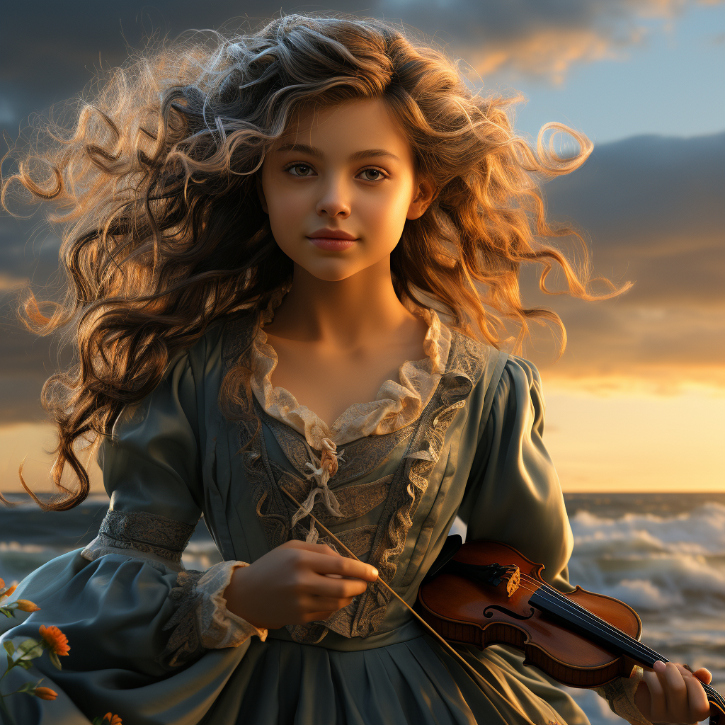 Child playing violin with curly hair