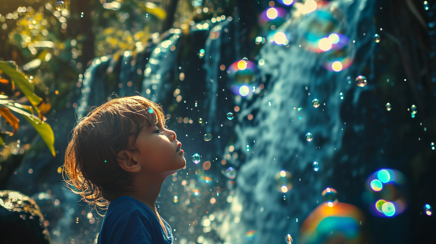 Child playing with waterfall and bubbles