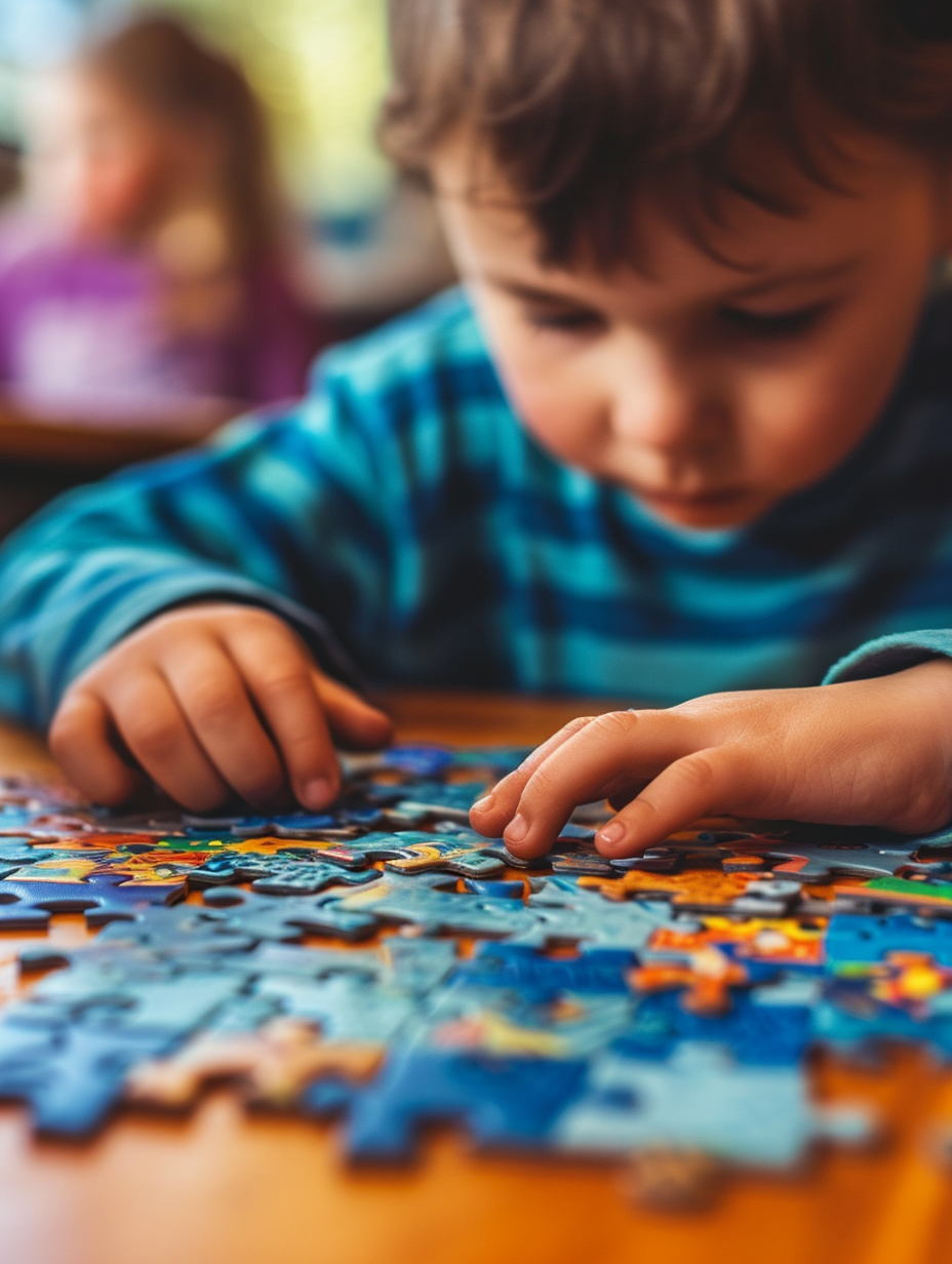 Child assembling puzzle focused