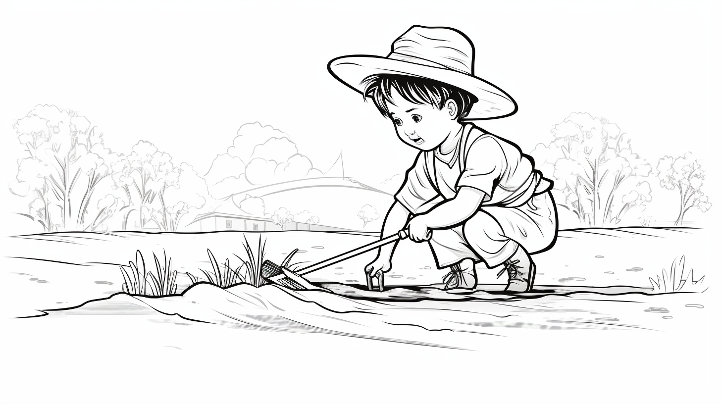 Child raking in blackline drawing style