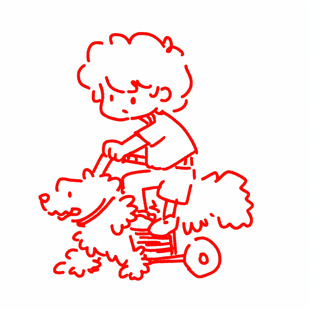 Child riding dog in minimalist marker drawing