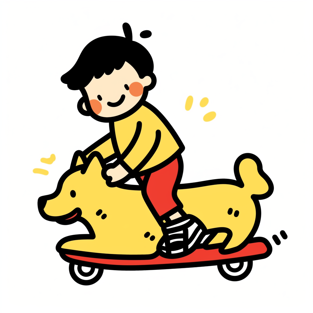 Playful child riding dog in Haring style