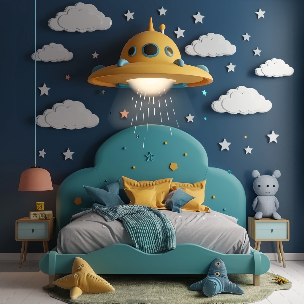 Child room with bed and UFO poster