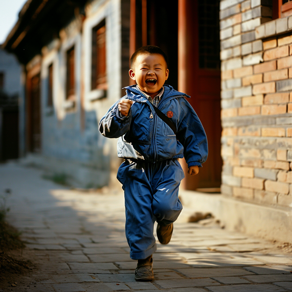 Happy child in blue uniform