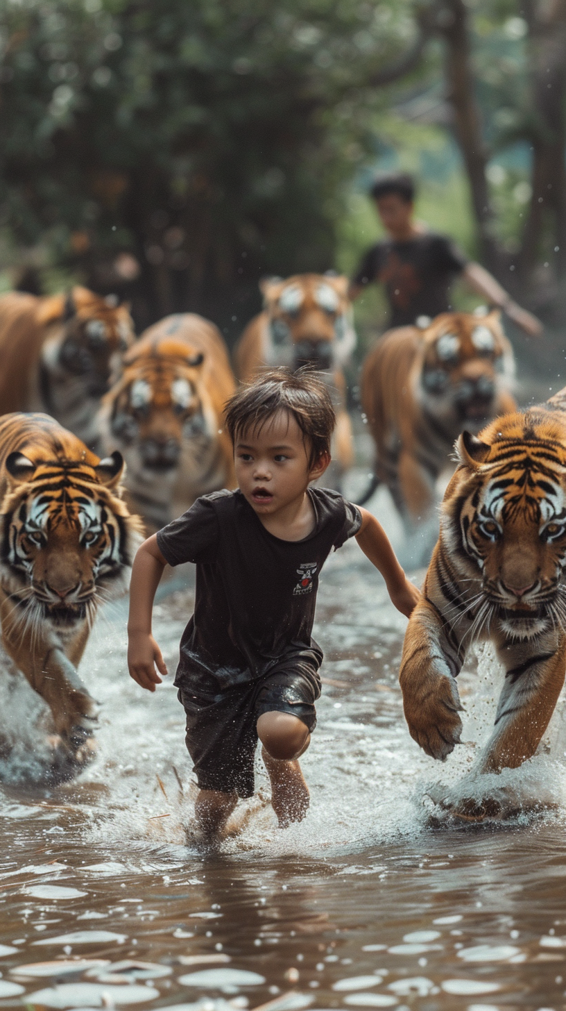 Child running from tigers scene