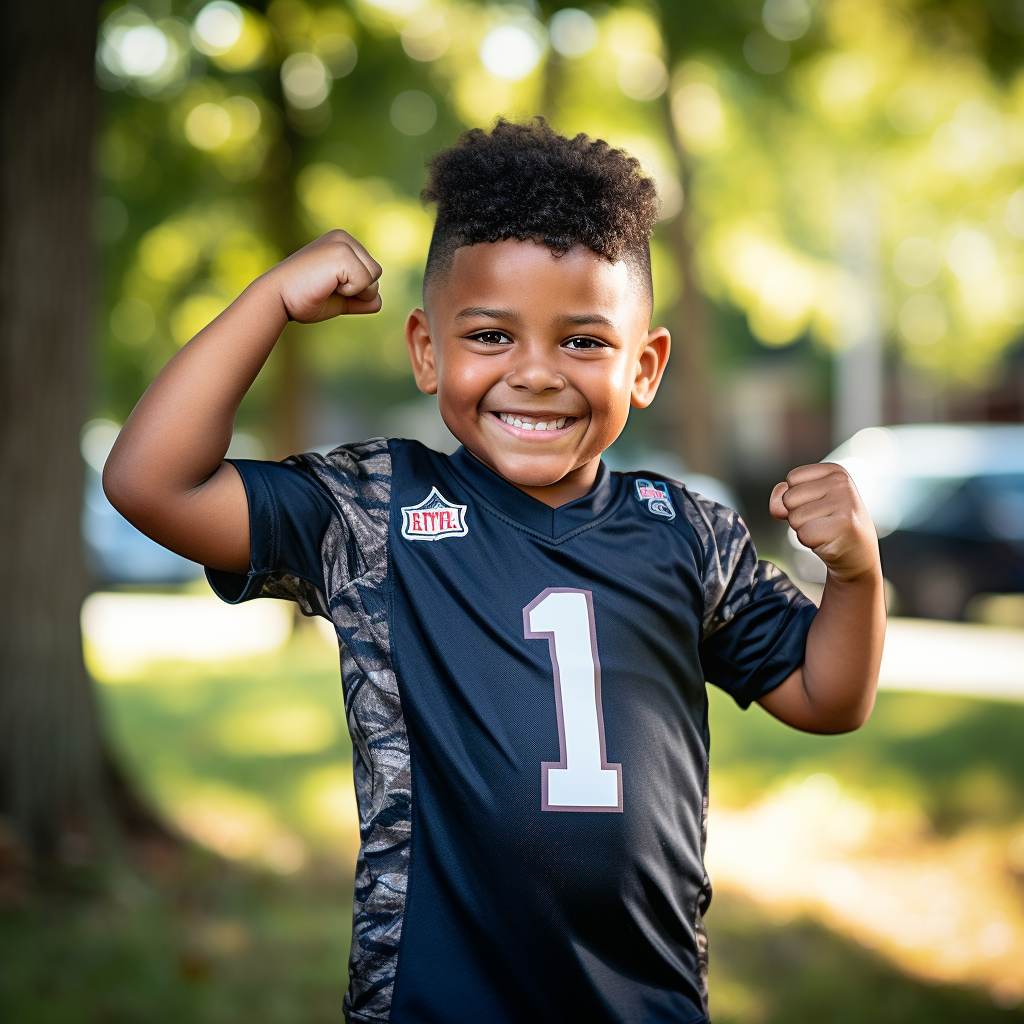 Child with big smile in football jersey