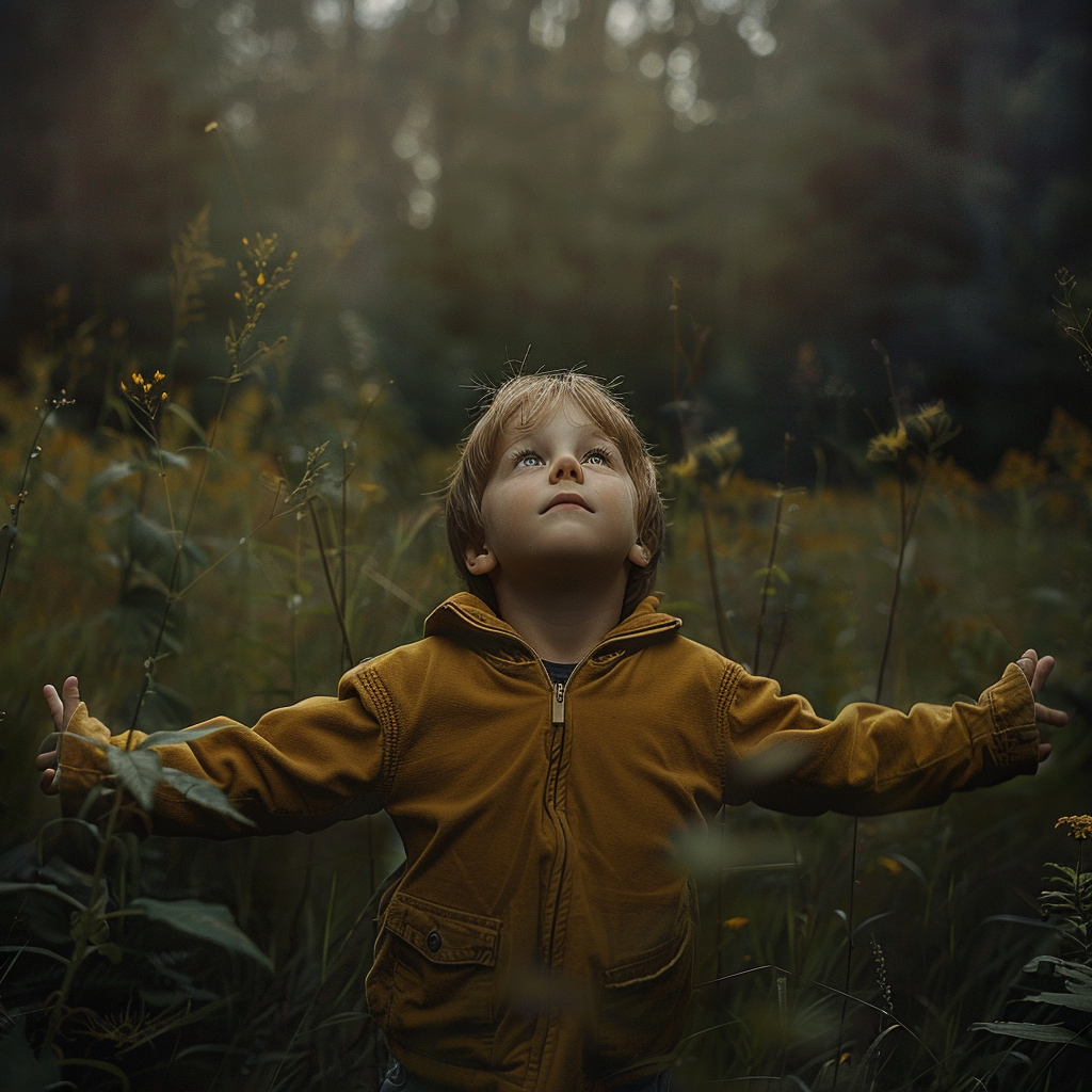 Child in meadow breathing deeply