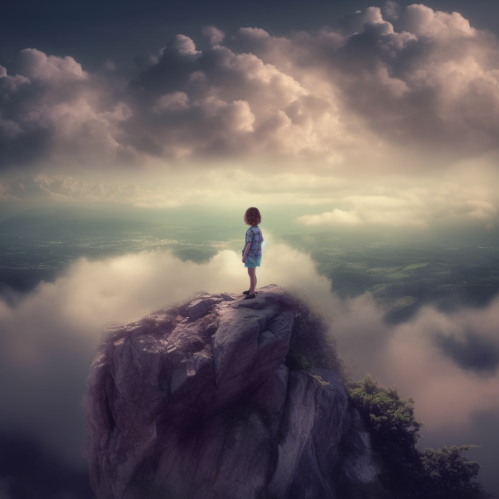 Child standing on cliff with sky as backdrop