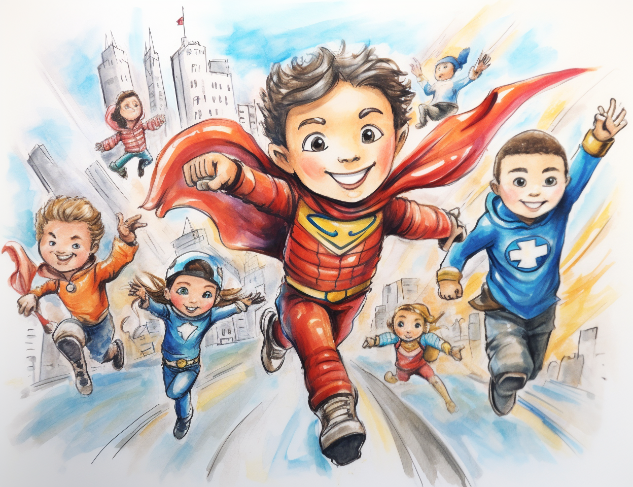 Sketch of child superheroes in action