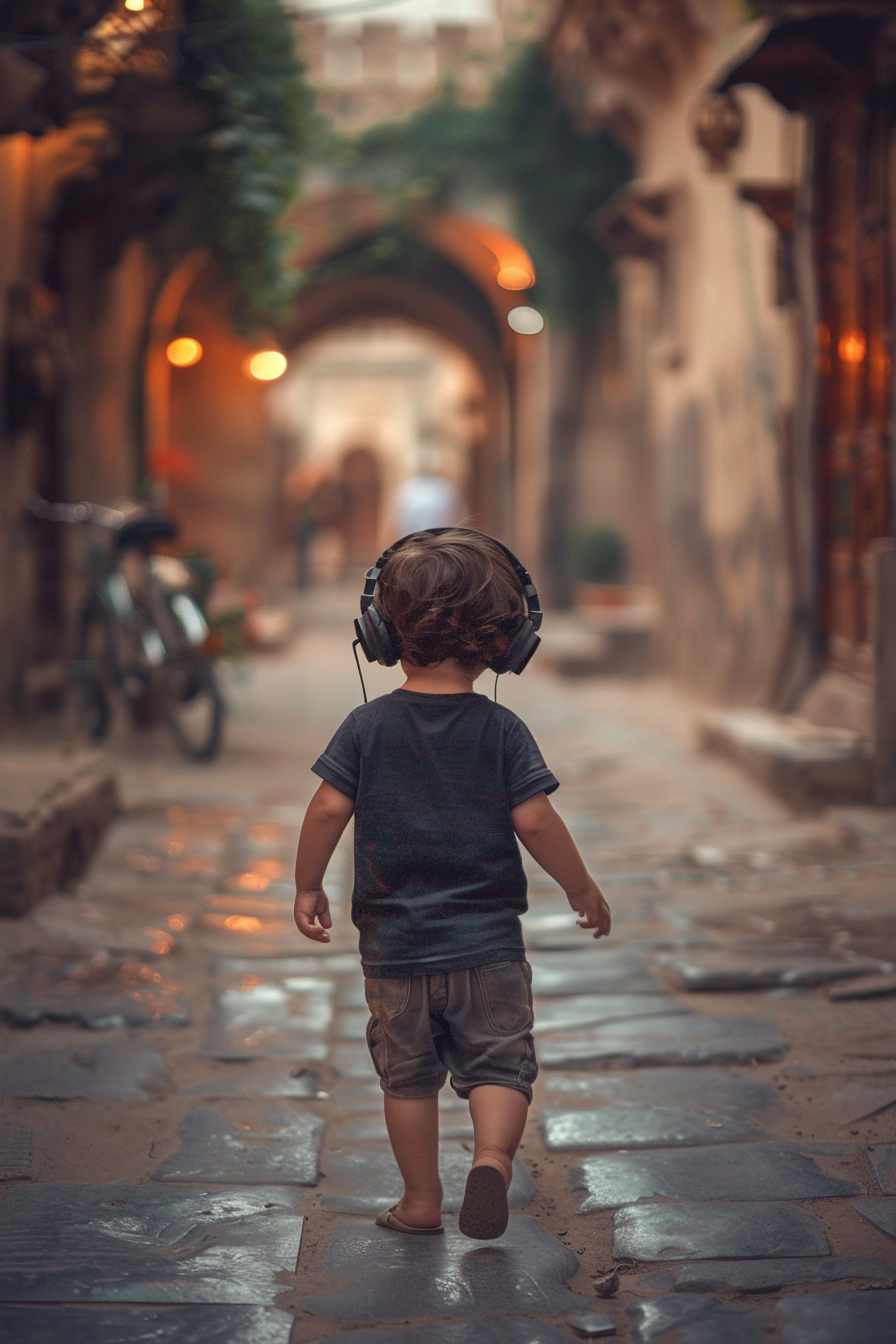 Child walking with gaming headphones