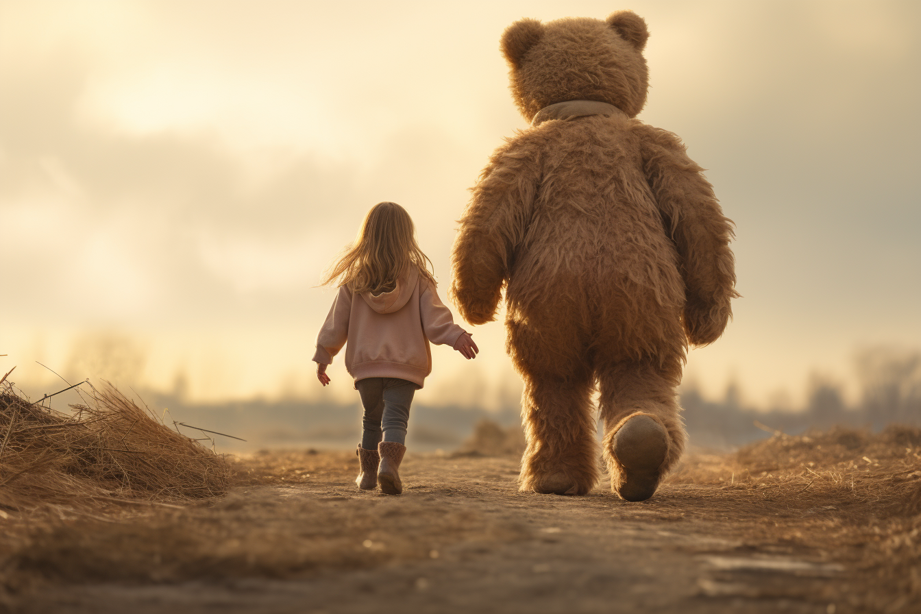 Child walking hand in hand with teddy bear