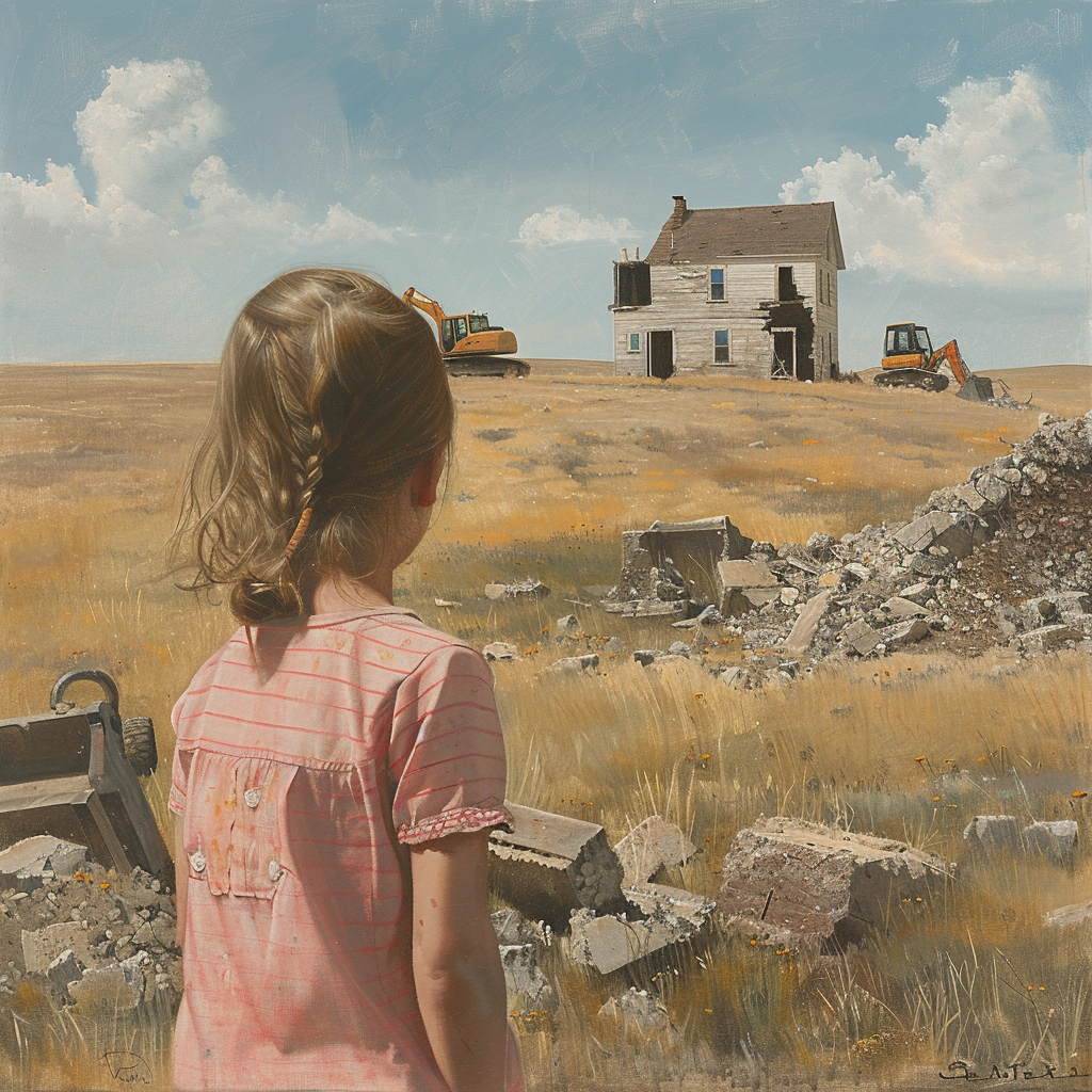 Child observing farmhouse demolition painting