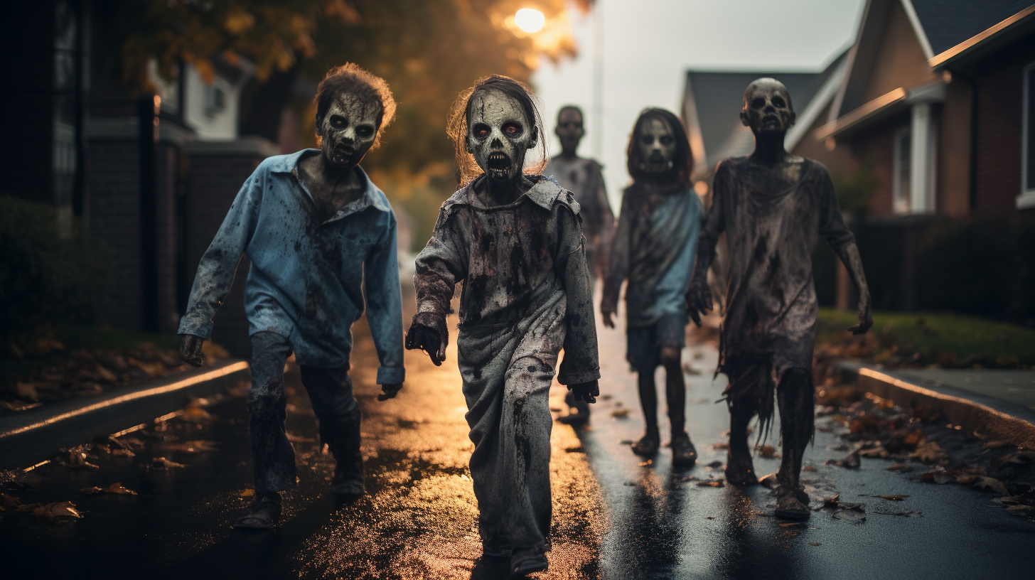 Child zombies trick or treating on Halloween