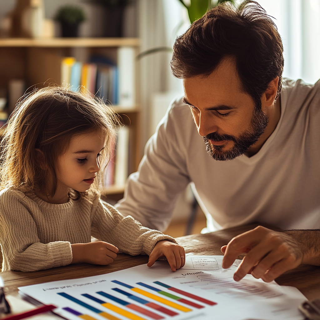 Young child and adult reviewing documents