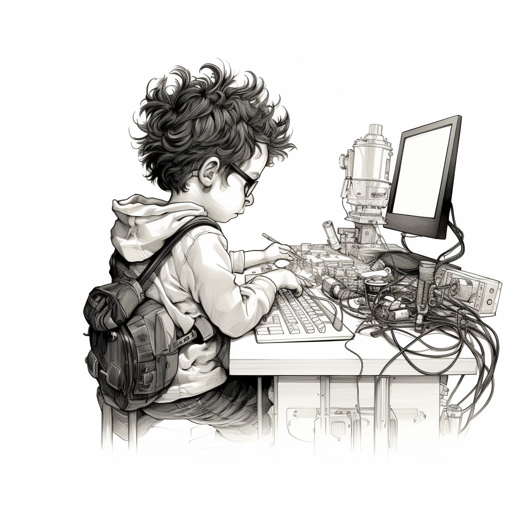 Black and White Child Sketch at Software Developer's Desk