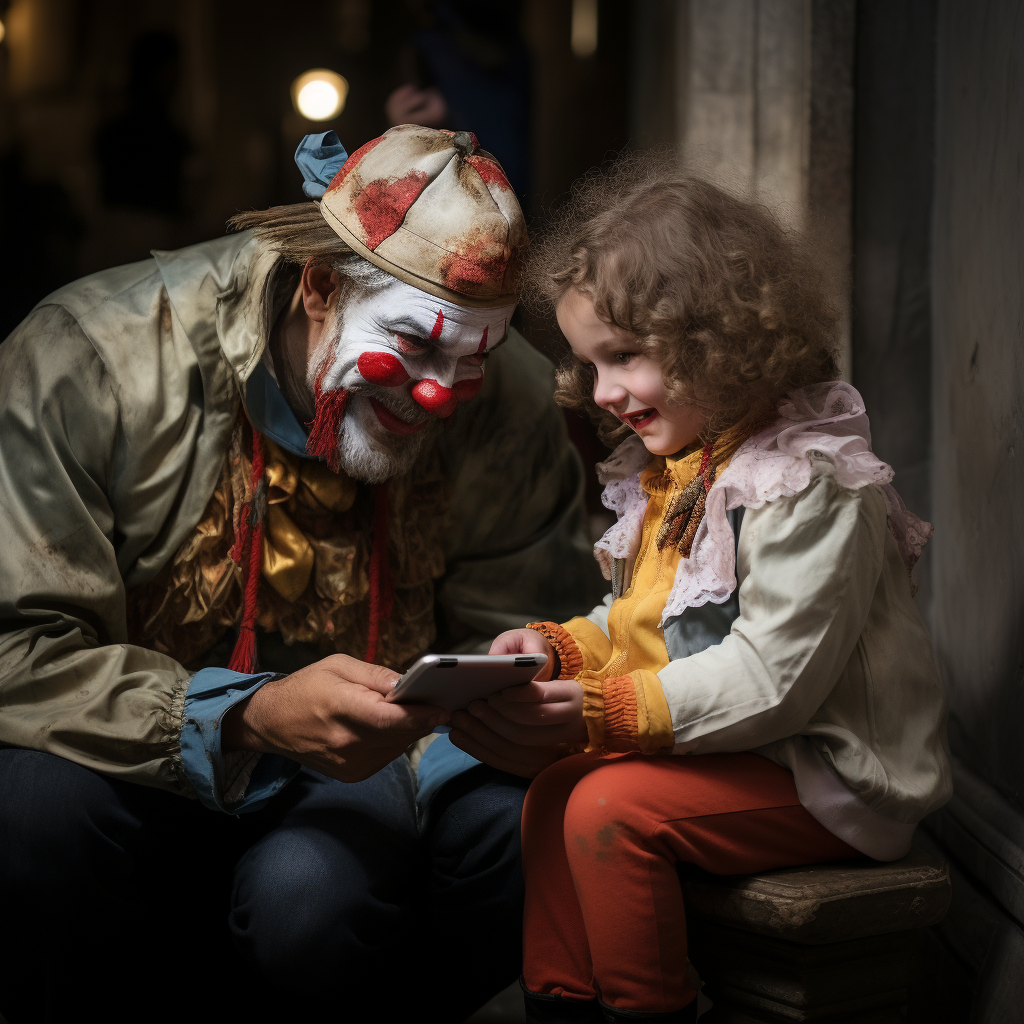 Child with curious expression watching clown's smartphone