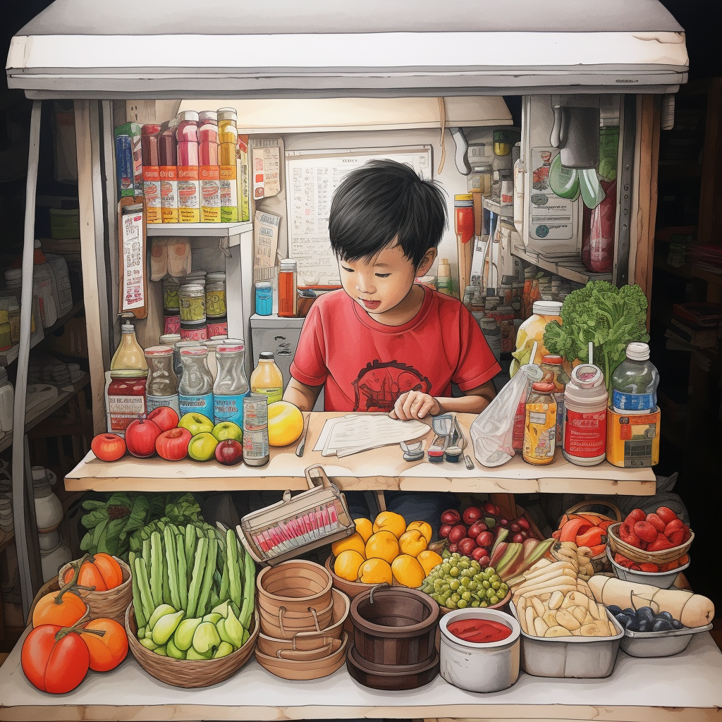 Colorful Child's Drawing of Food Cart