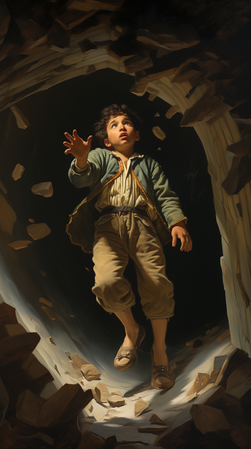 Child in Renaissance Clothing Falling into Underground Room