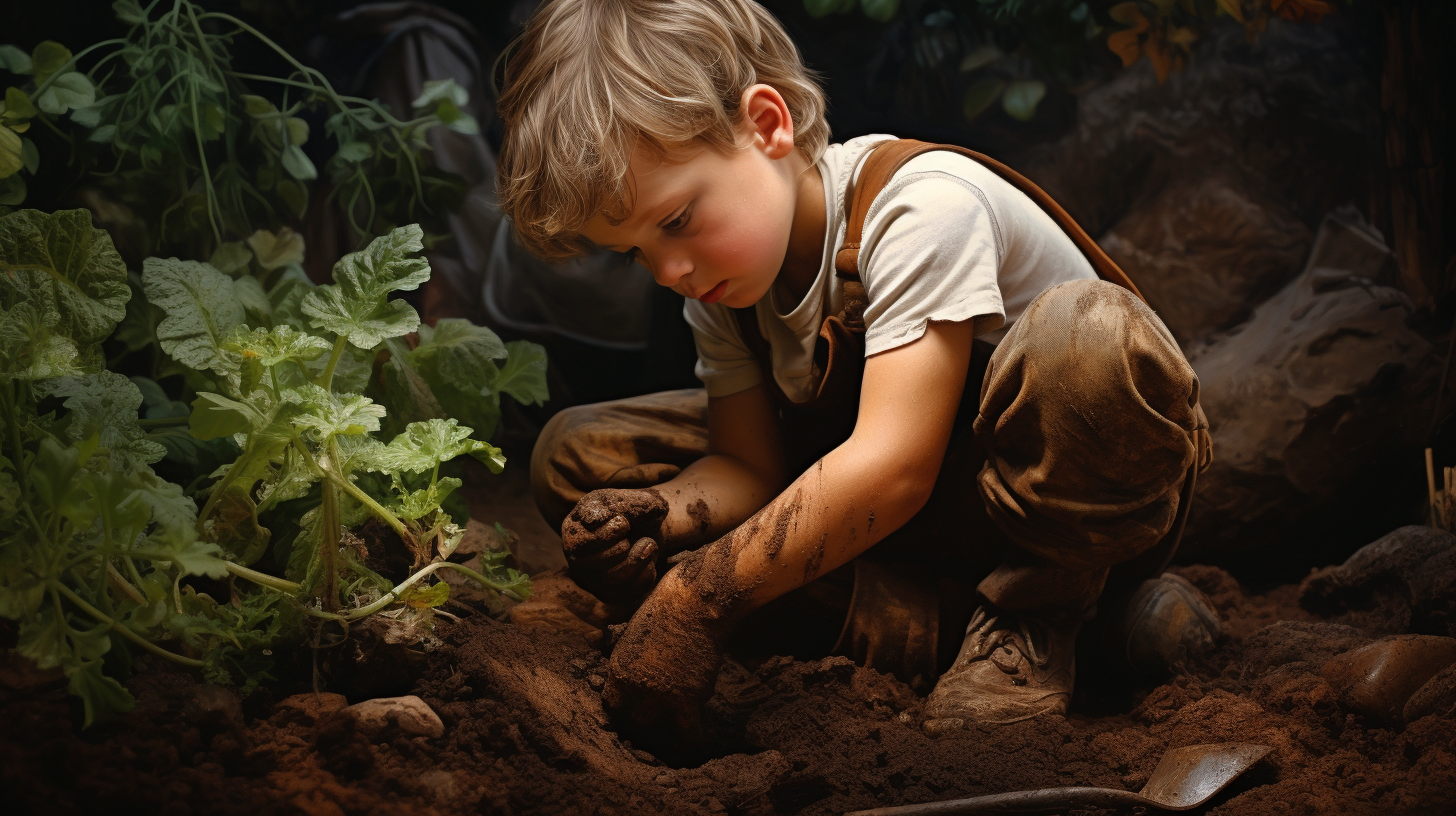 Child digging in garden with hyperrealistic details